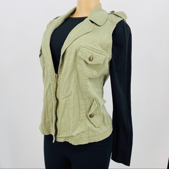 Army Green Denim Zip Vest - Picture 3 of 6